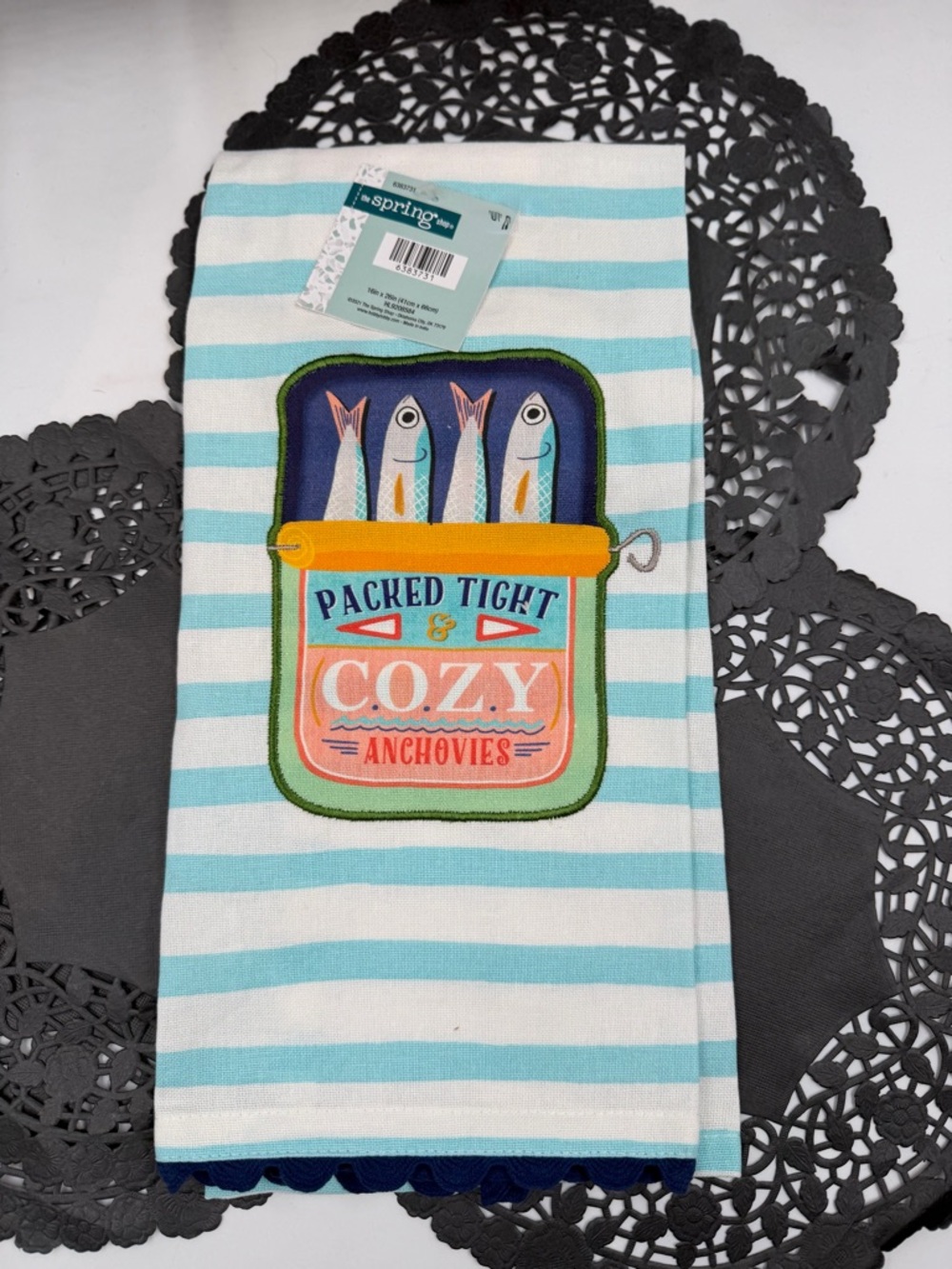 Packed Tight & Cozy Anchovies Tea Towel Coastal Kitchen NWT